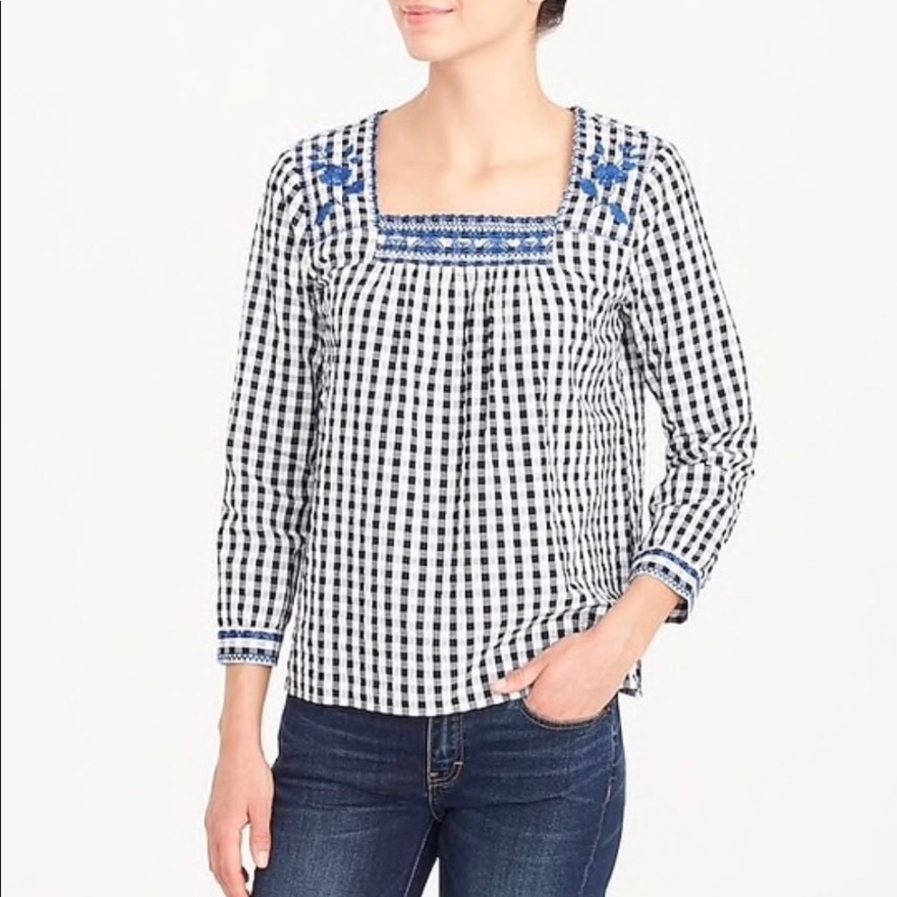 J. Crew Factory Gingham Embroidered Peasant Top 💙